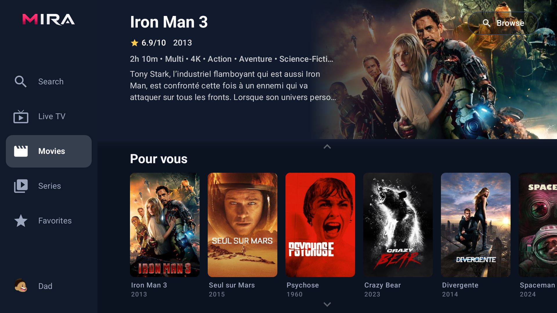 Rails de films fluides dans Mira