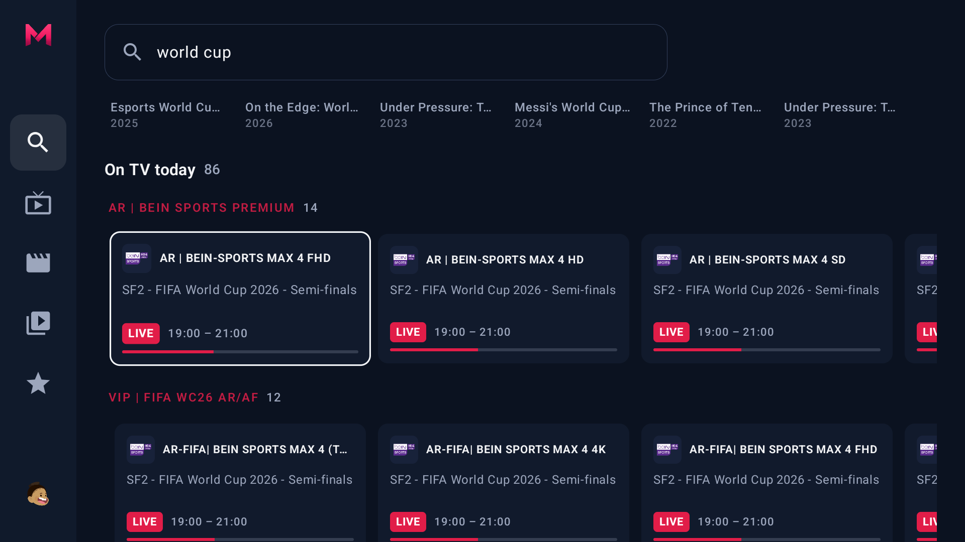 Recherche d'un match en direct sur Mira